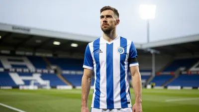 A photorealistic image of an anonymous Oldham player, aged 25-30, wearing a blue and white striped kit made of cotton...