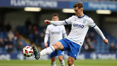 A photorealistic image of a 21-year-old Oldham Athletic midfielder in a blue and white kit, with a white shirt and blue...
