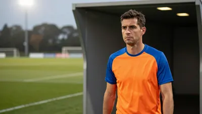 A 30-year-old male coach, dressed in a plain orange and blue polyester training top, stands at the tunnel entrance of...