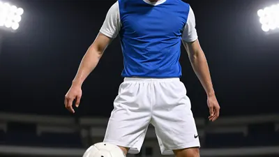 A tight action crop of an anonymous Oldham player in a blue shirt with white sleeves and white shorts, with a white ball...