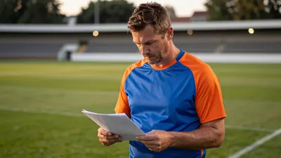 A 35-year-old, 5'10" male football coach with a rugged build, wearing a plain blue and orange polyester training top...