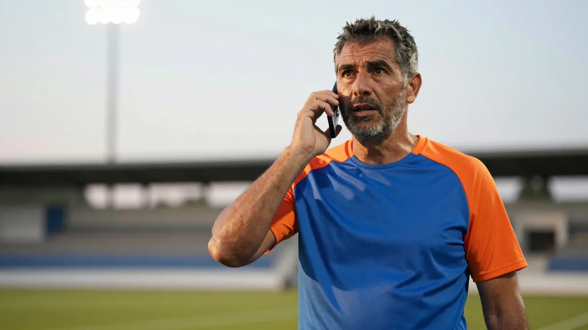A tight, waist-up shot of a middle-aged, ruggedly-built man in a plain blue and orange crew-necked training top, his dark...